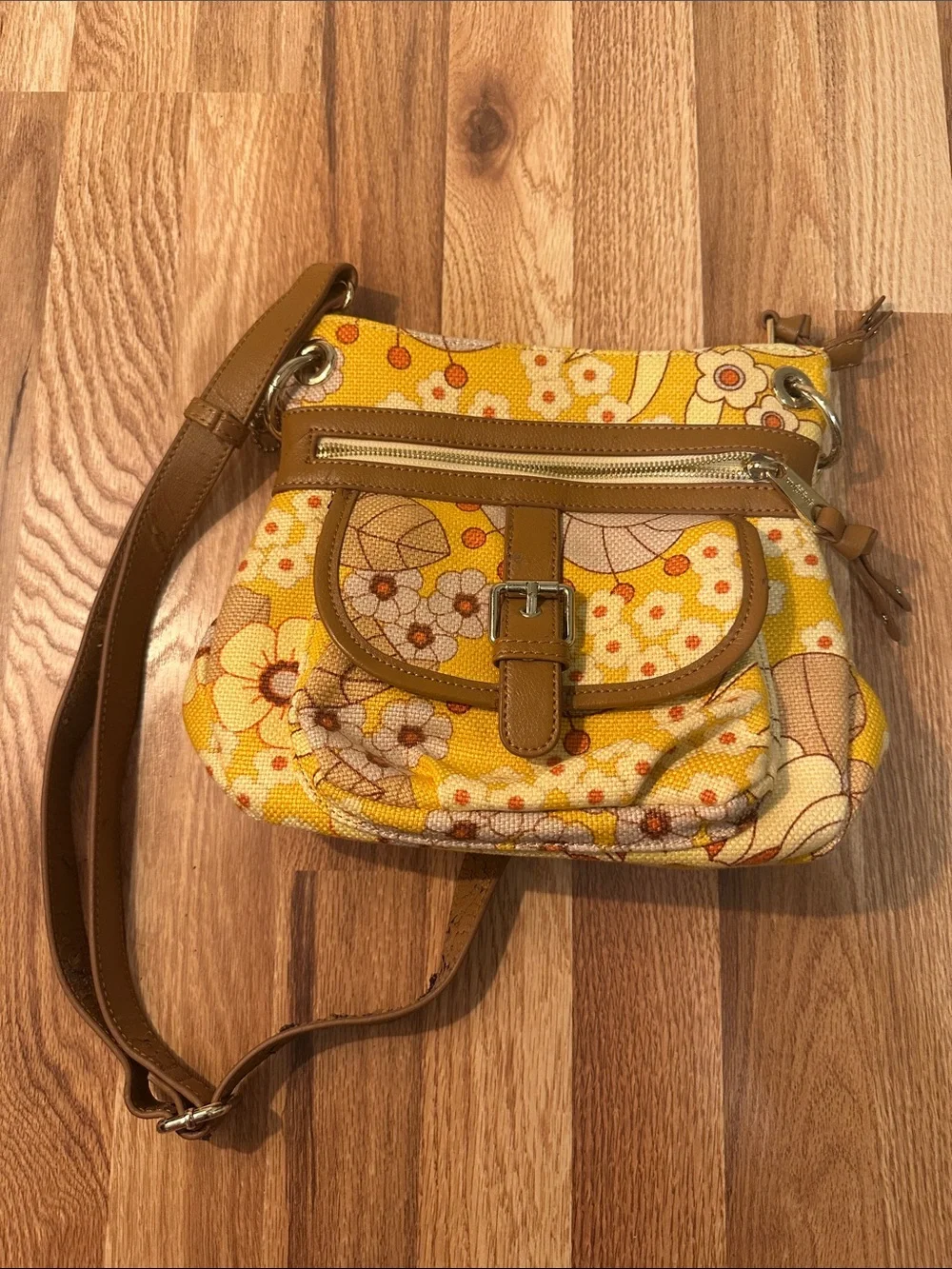 Spartina 449 Yellow Floral Canvas Crossbody Bag with Tan Trim leather and linen